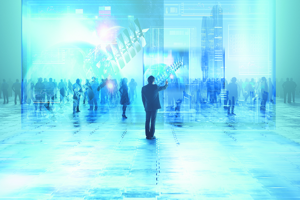 Businessman using virtual visual screen in crowd